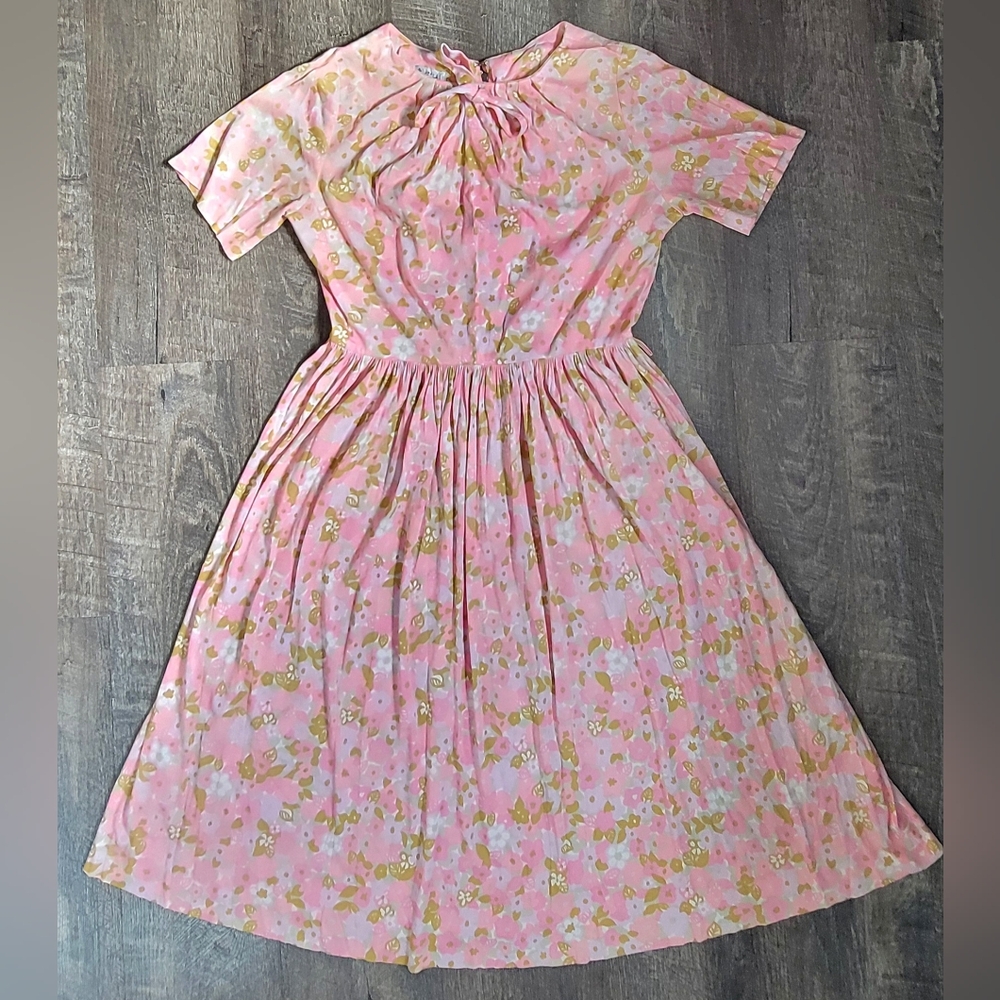 60s Vintg Midi Dress Womens 4 Pink Purple Tan Retro Floral Full Skirt Bow Detail - Picture 5 of 13